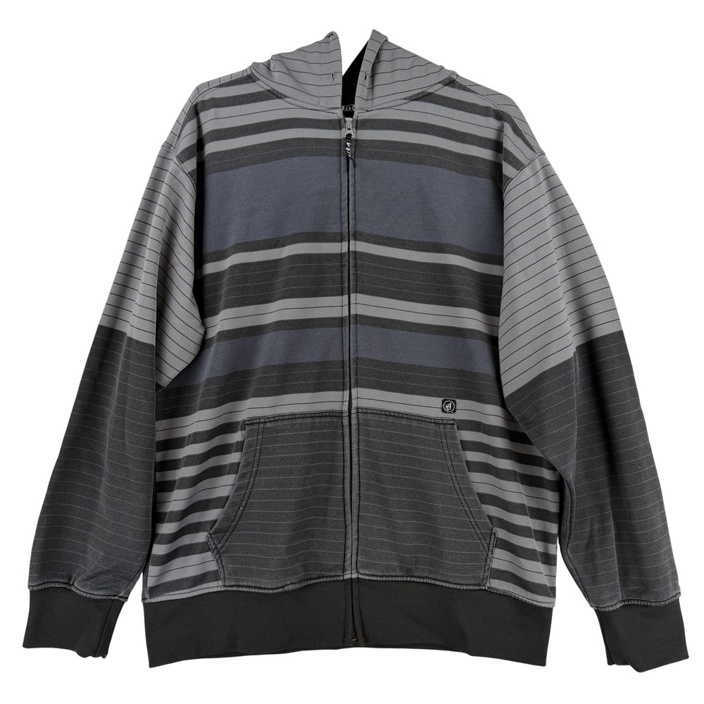 Volcom‎ Hoodie Mens Large Gray Striped Full Zip Fleece Hydro Zip Sweatshirt Y2K